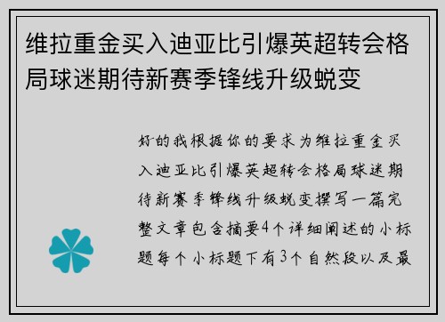 维拉重金买入迪亚比引爆英超转会格局球迷期待新赛季锋线升级蜕变