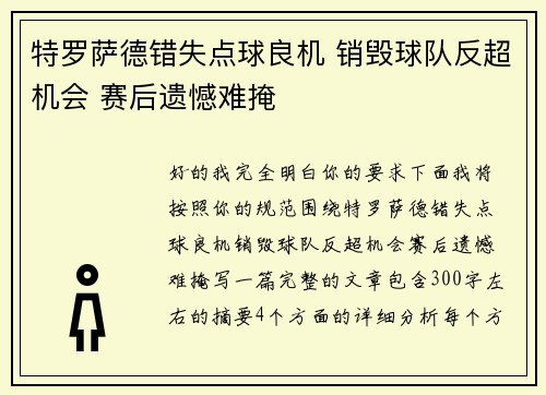 特罗萨德错失点球良机 销毁球队反超机会 赛后遗憾难掩